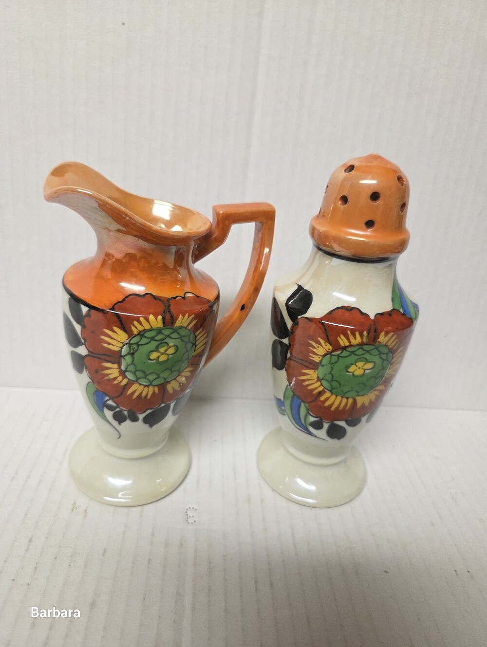 Vintage 30s/40s Japanese Art Deco Porcelain Lusterware Floral Muffineer Set